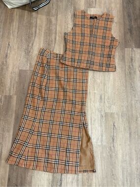 Wool Plaid Maxi Skirt & Sleeveless Top Set - Camel Plaid